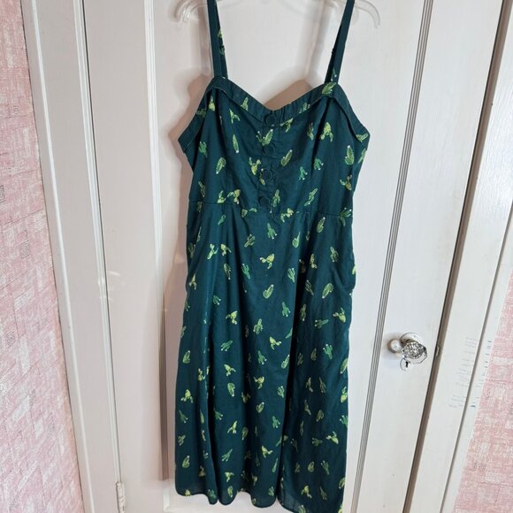 Modcloth Green Cactus Interest Print Strap Cotton Midi Summer Dress sz XL - Picture 1 of 11